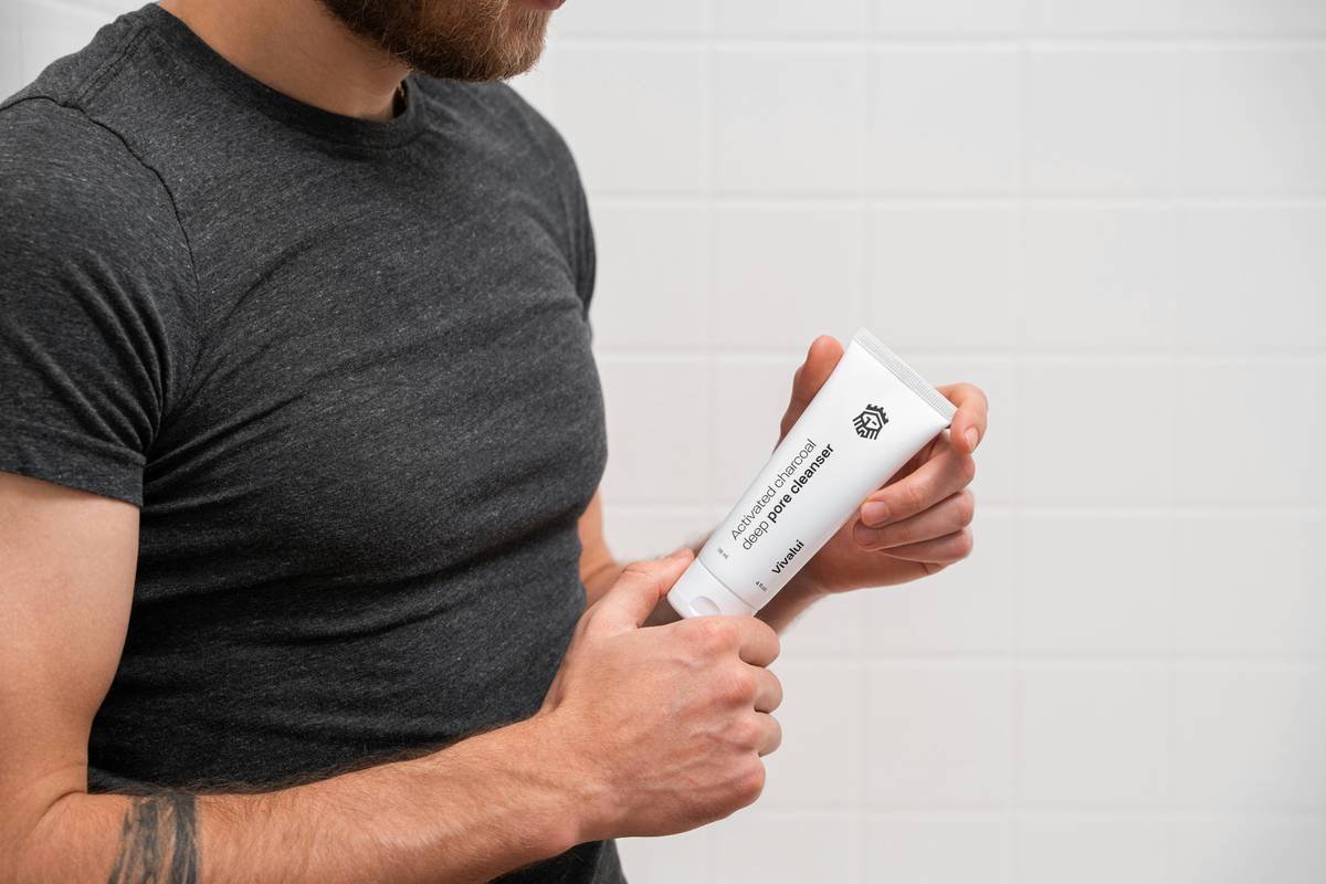 Close-up of skin soothing gels after shave bottle with calming ingredients list